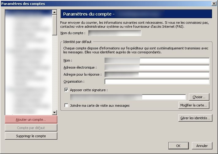 Fen&ecirc;tre param&egrave;tres des comptes